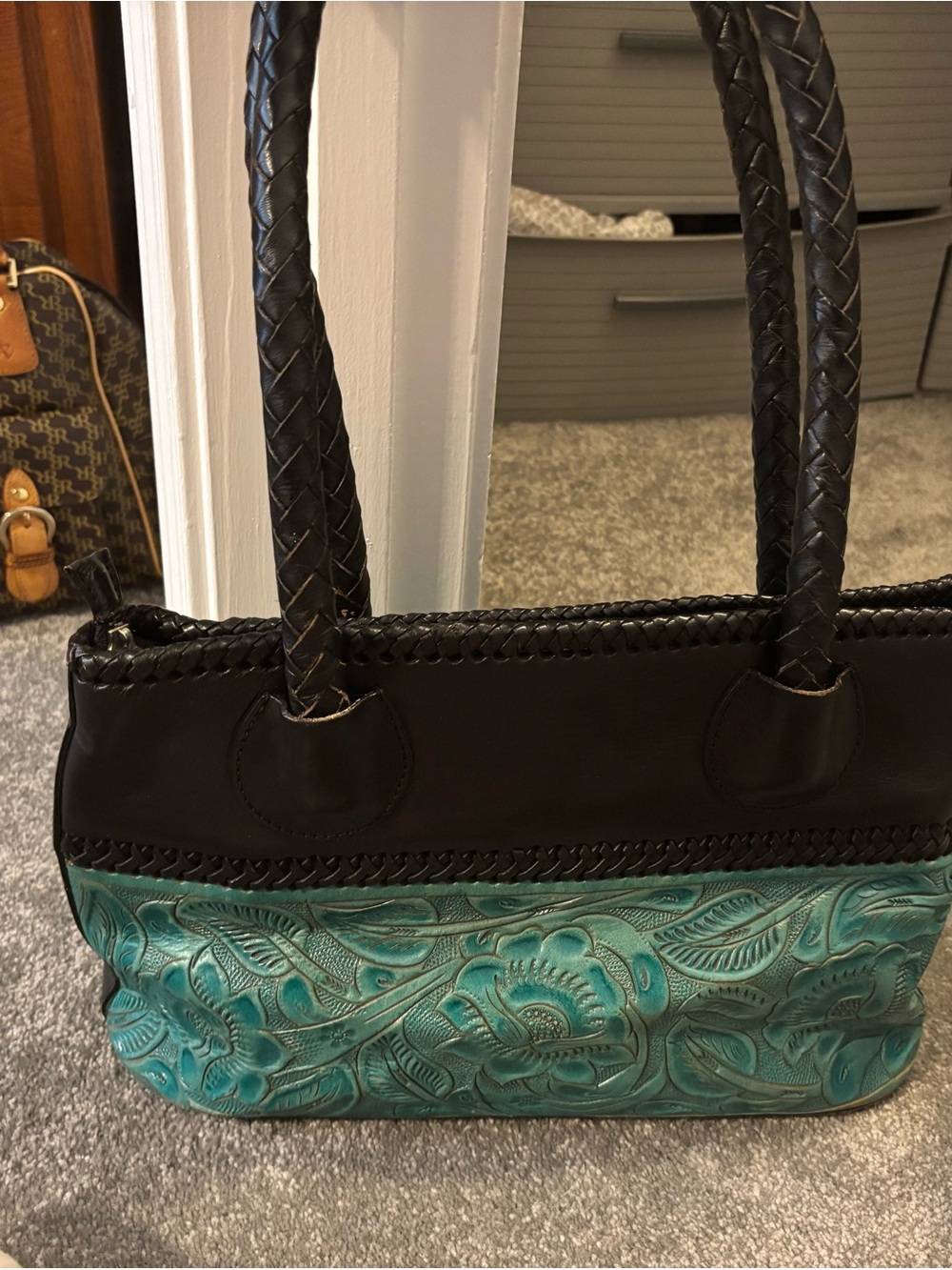 Black and Turquoise Tooled Leather Shoulder Bag
